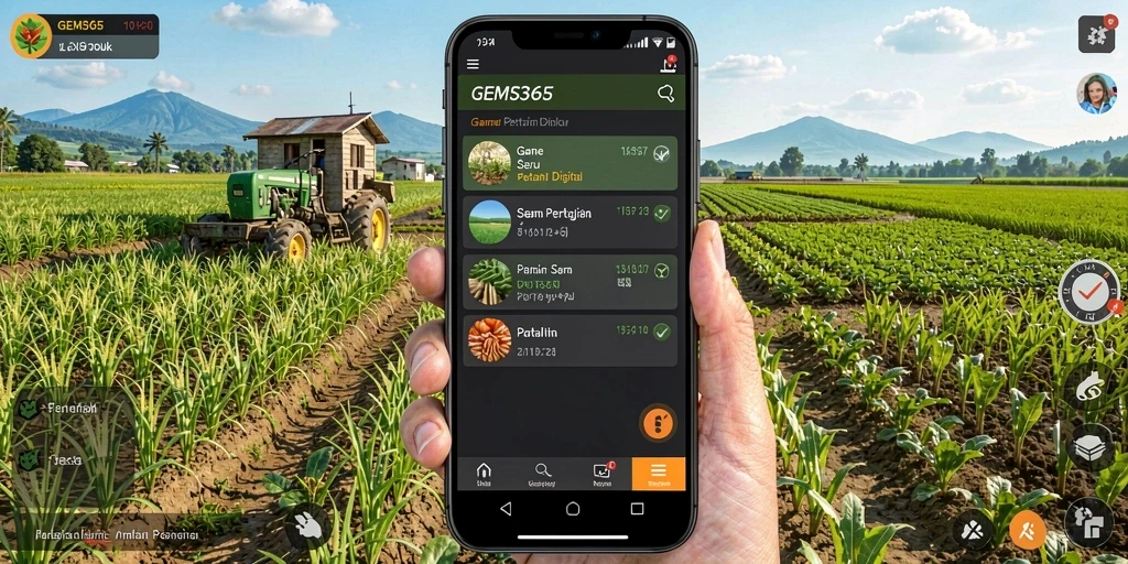Tampilan gameplay seru dalam GEMS365 menunjukkan aktivitas bertani dan bercocok tanam.