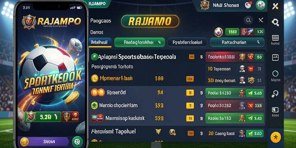 Tampilan antarmuka aplikasi RAJAMPO untuk taruhan olahraga.